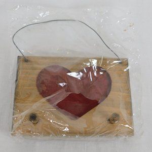 Wood Wall Plaque Rectangle with Indented Red Heart Two Pegs Wire Hanger FLAW